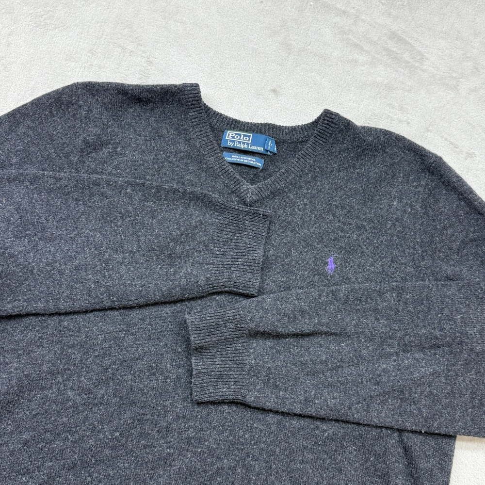 VTG Polo Ralph Lauren V-Neck Sweater Mens XL Charcoal Gray Lambswool Purple Pony